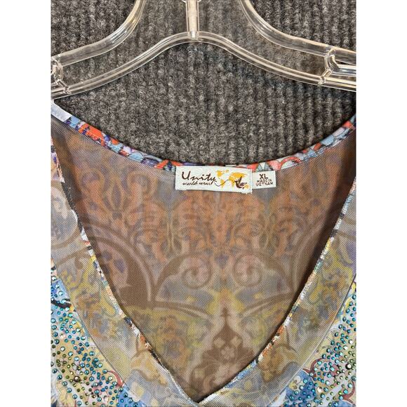 Unity Womens Boho Blouse Size XL Beaded Mesh Multi Color Artsy Short Sleeve - Picture 6 of 10